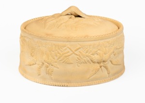 An antique English "Caneware" pottery game pot with original liner, circa 1870, 14cm high, 23cm wide