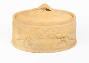 An antique English "Caneware" pottery game pot with original liner, circa 1870, 14cm high, 23cm wide