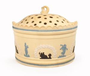 EASTWOOD "Caneware" antique English pottery demi-lune potpourri with tri-colour Jasper Ware decoration and dolphin finial, early 19th century, impressed "EASTWOOD" and bearing Sotheby's York Avenue Gallery label, 19.5cm high, 24cm wide