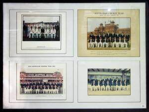 AUSTRALIAN TEAM PHOTOGRAPHS, display comprising four official team photographs - 1986 Australian Tour to New Zealand;  1987 Australian Tour to World Cup with 18 signatures on mount (faded); 1992 Australian Tour to Sri Lanka; 1993 Australian Ashes Tour; wi