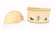 EASTWOOD "Caneware" antique English pottery demi-lune potpourri&nbsp;with tri-colour&nbsp;Jasper Ware decoration and dolphin finial, early 19th century, impressed "EASTWOOD" and bearing Sotheby's York Avenue Gallery label, 19.5cm high, 24cm wide - 3