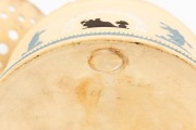 EASTWOOD "Caneware" antique English pottery demi-lune potpourri&nbsp;with tri-colour&nbsp;Jasper Ware decoration and dolphin finial, early 19th century, impressed "EASTWOOD" and bearing Sotheby's York Avenue Gallery label, 19.5cm high, 24cm wide - 6