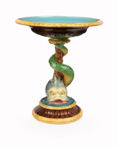 MINTON antique English majolica comport with dolphin decoration, 19th century, 25cm high, 22cm diameter