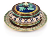 WEDGWOOD antique English&nbsp;majolica lidded butter pot with liner and stand, 19th century, impressed mark to base, the stand 20cm diameter