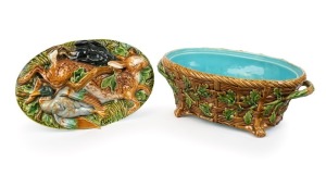 Antique English majolica game tureen decorated with hare and ducks, 19th century, 15cm high, 34cm wide
