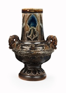 MARTIN BROTHERS antique English art pottery vase with dragon head handles, 19th century, engraved "R. W. Martin, Southall", ​​​​​​​18.5cm high