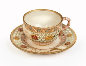 ROYAL WORCESTER antique English reticulated porcelain teacup and saucer with gilded landscape vignettes, butterfly and bird by GEORGE OWEN, circa 1885, impressed and puce factory mark to base, the saucer 10.5cm diameter