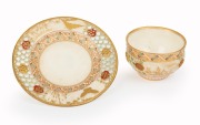 ROYAL WORCESTER antique English reticulated porcelain teacup and saucer with gilded landscape vignettes, butterfly and bird by GEORGE OWEN, circa 1885, impressed and puce factory mark to base, the saucer 10.5cm diameter - 2
