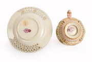 ROYAL WORCESTER antique English reticulated porcelain teacup and saucer with gilded landscape vignettes, butterfly and bird by GEORGE OWEN, circa 1885, impressed and puce factory mark to base, the saucer 10.5cm diameter - 3