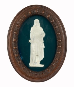 WEDGWOOD antique oval glazed Jasper Ware portrait plaque in timber frame, 19th century, stamped "WEDGWOOD", 22 x 17cm overall