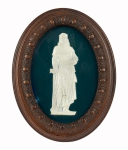 WEDGWOOD antique oval glazed Jasper Ware portrait plaque in timber frame, 19th century, stamped "WEDGWOOD", ​​​​​​​22 x 17cm overall