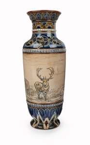 DOULTON LAMBETH pottery vase adorned with sgraffito deer decoration by HANNAH BARLOW, circa 1881, impressed factory mark and artist's monogram to base, 25cm high
