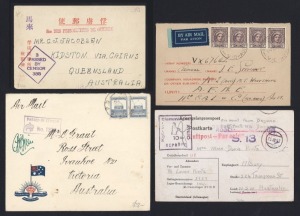 Postal History - World War II - Military: A comprehensive collection of covers and cards including P.O.W. mails, civilian and military censorship, formular types, letter cards, airmail and surface rate covers, stamped and stampless, some Airgraphs, etc. An accumulation which offers much for the postal historian. (approx 100 items).