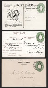 STAMPED TO ORDER POSTCARDS: 1928-37 (BW:PS23) Oval 1d green KGV, three used examples for Noske Brothers, G.Wood, Son & Co., and H. Dew Victory Garage, Charlton, (3), the last two unrecorded. Cat.$600.