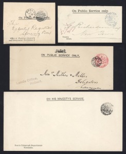 TASMANIA - Postal Stationery: FRANK STAMPS: A small group comprising of "GOVERNMENT STATISTICIAN" in blue on 1894 wrapper to Spring Bay, "THE SURVEYOR GENERAL" in red on June 1902 envelope, "THE TREASURY" in blue on undated envelope and "SECRETARY GENERAL POST OFFICE" in black on large unused envelope. (4 items).