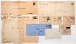 VICTORIA - Frank Stamps: A group including "THE MINISTER OF DEFENCE" in black on July 1895 long envelope; "THE TREASURER" in blue on long envelope (150 x 380mm, white) from Walhalla "Receiver and Paymaster's Office, Nov.1882; and a similar size with printed "THE TREASURER" used in Feb.1895 to Kilmore; also an even larger envelope (276 x 383mm, with faults) used in July 1895; together with several "MINISTER OF MINES" cards, etc. (9 items).