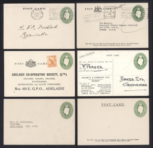 STAMPED TO ORDER POSTCARDS: A group of KGVI oval embossed cards comprising of 1d green (BW:PS25) for Dalgety & Co., Sydney (tobacco advertising; addressed, but unused) and for Goldsborough, Mort & Co. (used); 1½d green (BW:PS29) for Shire of Eltham (unused), Austrralian Gas Light Co. (used), Wakes of Melbourne (unused), Adelaide Co-operative Society (unused). (Total: 6 cards). Cat.$1100.