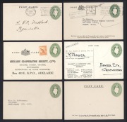 STAMPED TO ORDER POSTCARDS: A group of KGVI oval embossed cards comprising of 1d green (BW:PS25) for Dalgety & Co., Sydney (tobacco advertising; addressed, but unused) and for Goldsborough, Mort & Co. (used); 1&frac12;d green (BW:PS29) for Shire of Eltham&nbsp;(unuse
