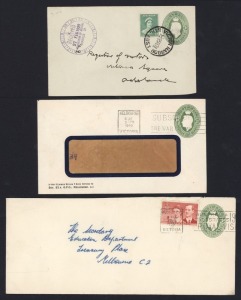 STAMPED TO ORDER KGVI ENVELOPES: 1937 oval die 1d green (28), 1941 1½d green (15, of which one has a "die crack" variety) and 1950 2d green (8); many users represented. Cat.$900+.