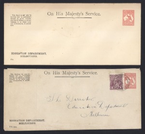 ENVELOPES WITH OS IN THE DIE: 1913 (BW:E01) 1d carmine Kangaroo with OS in dots, (2), both for the Education Department, Melbourne; one Unused, one uprated 1d Violet Used August 1922. Cat.$750.