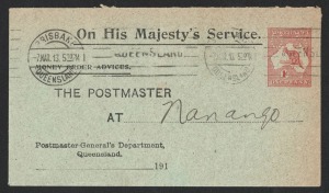 ENVELOPES WITH OS IN THE DIE: 1913 (BW:E01) 1d carmine Kangaroo with OS in dots on blue-green tinted envelope, for the Postmaster-General's Department, Queensland, FU March 1913 from Brisbane to Nanango.