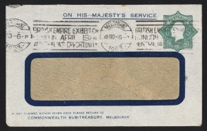 ENVELOPES WITH OS IN THE DIE: 1913 (BW:E013) 1½d green KGV octagonal die on OHMS envelope for the Commonwealth Sub-Treasury, Melbourne; FU Nov.1923 from Melbourne.