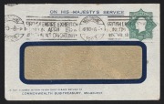 ENVELOPES WITH OS IN THE DIE: 1913 (BW:E013) 1&frac12;d green KGV octagonal die on OHMS envelope for the Commonwealth Sub-Treasury, Melbourne; FU Nov.1923 from Melbourne.