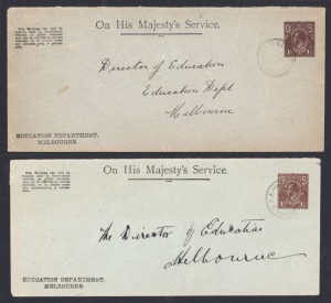 ENVELOPES WITH OS IN THE DIE: 1918 (BW:E07) 1½d brown (2 distinct shades) with solid OS on grey-green tinted envelopes, for the Education Department, Melbourne, FU. (2). Cat.$400.