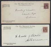 ENVELOPES WITH OS IN THE DIE: 1918 (BW:E07) 1&frac12;d brown (2 distinct shades) with solid OS on grey-green tinted envelopes, for the Education Department, Melbourne, FU. (2). Cat.$400.
