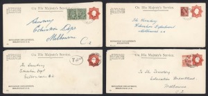 ENVELOPES WITH OS IN THE DIE: 1924 (BW:E015) 1½d scarlet octagonal die KGV with solid OS on four long size envelopes, for the Education Department, all in Melbourne. Fine Used in the early 1950s, 3 uprated with adhesives, one Taxed 4d. (4). Cat.$300.