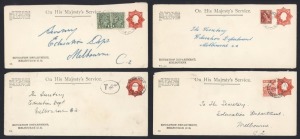 ENVELOPES WITH OS IN THE DIE: 1924 (BW:E015) 1½d scarlet octagonal die KGV with solid OS on four long size envelopes, for the Education Department, all in Melbourne. Fine Used in the early 1950s, 3 uprated with adhesives, one Taxed 4d. (4). Cat.$300.