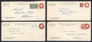 ENVELOPES WITH OS IN THE DIE: 1924 (BW:E015) 1&frac12;d scarlet octagonal die KGV with solid OS on four&nbsp;long size envelopes, for the Education Department, all in Melbourne. Fine Used in the early 1950s, 3 uprated with adhesives, one Taxed 4d. (4). Cat.$300.