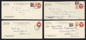 ENVELOPES WITH OS IN THE DIE: 1930 (BW:E016 and 18) Overprinted "TWO PENCE" 1½d scarlet octagonal die KGV with solid OS on 2 long envelopes, together with 2 with the oval die KGV, all for the Education Department, Melbourne. Fine Used in the early 1950s, 3 uprated with adhesives. (4). Cat.$600.