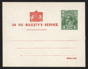 OFFICIAL POSTAL CARD WITH OS IN DIE: 1924 (BW:PO6B) 1d green KGV (Type 2) with printing date 8/25 for use by a "School Committee", fine Unused. Cat.$300.