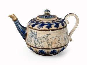 DOULTON LAMBETH pottery teapot with sgraffito goat decoration by HANNAH BARLOW and ANNIE GENTLE, circa 1880, impressed factory mark and artists' monograms to base, 12cm high, 21cm wide