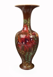 ROYAL DOULTON FAIENCE antique English pottery vase with hand-painted Sturt Desert Pea decoration by Katherine Smallfield, impressed and factory stamped "Royal Doulton, England", an impressive 35cm high