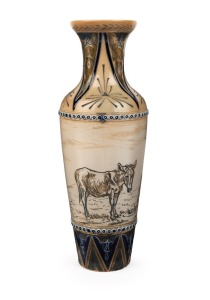 DOULTON LAMBETH pottery vase with sgraffito donkey decoration by HANNAH BARLOW, circa 1880, impressed factory mark and artist's monogram to base, 27.5cm high