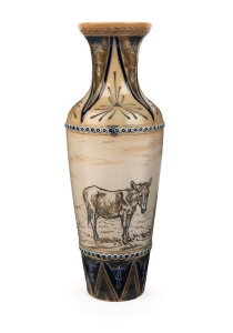 DOULTON LAMBETH pottery vase with sgraffito donkey decoration by HANNAH BARLOW, circa 1880, impressed factory mark and artist's monogram to base, 27.5cm high