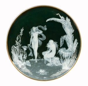 GEORGE JONES antique English pâte-sur-pâte porcelain plaque of two nymphs by FREDERICK SCHENCK, circa 1880, signed "George" lower right, 30.5cm diameter