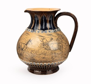 DOULTON LAMBETH pottery jug adorned with sgraffito stag and doe decoration in landscape attributed to HANNAH BARLOW, 19th century, marks illegible, 19.5cm high