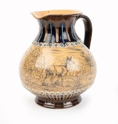 DOULTON LAMBETH&nbsp;pottery jug adorned with&nbsp;sgraffito&nbsp;stag and doe decoration in landscape&nbsp;attributed to HANNAH BARLOW,&nbsp;19th century, marks illegible, 19.5cm high&nbsp; - 2
