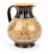 DOULTON LAMBETH&nbsp;pottery jug adorned with&nbsp;sgraffito&nbsp;stag and doe decoration in landscape&nbsp;attributed to HANNAH BARLOW,&nbsp;19th century, marks illegible, 19.5cm high&nbsp; - 3