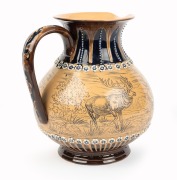 DOULTON LAMBETH&nbsp;pottery jug adorned with&nbsp;sgraffito&nbsp;stag and doe decoration in landscape&nbsp;attributed to HANNAH BARLOW,&nbsp;19th century, marks illegible, 19.5cm high&nbsp; - 4
