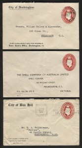 STAMPED TO ORDER KGVI ENVELOPES: 1937 oval die 2d red (7), 1941 oval die 2½d red (37, of which two are unused), 1950 oval die 3d red (1 unused, Cat.$400), 1951 3d green circle die (58), and 1951 3½d red circle die (7); many users represented. Housed in an album.Cat.$1800+.