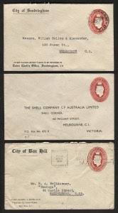 STAMPED TO ORDER KGVI ENVELOPES: 1937 oval die 2d red (7), 1941 oval die 2½d red (37, of which two are unused), 1950 oval die 3d red (1 unused, Cat.$400), 1951 3d green circle die (58), and 1951 3½d red circle die (7); many users represented. Housed in an