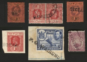 FIJI - Postal History: STRAIGHT-LINE CANCELS: A small collection of Edward VII - KGVI singles and pairs, all with clearly legible island cancels. On cards as purchased from Rod Perry Auctions.