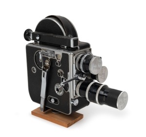 BOLEX-PAILLARD: H16 T 16mm movie camera with all lens caps present, c. 1958, with Pizar 26mm f1.9/Yvar 16mm f2.8/Yvar 75mm f2.8 lenses, and top and side viewfinder attachments.