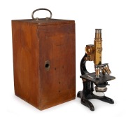 LEITZ:&nbsp;19th century brass microscope [#217221], 35.5cm at highest setting, in timber box with various additional tools and elements.
