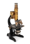 LEITZ:&nbsp;19th century brass microscope [#217221], 35.5cm at highest setting, in timber box with various additional tools and elements. - 2