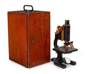 SPENCER BUFFALO: Brass and steel microscope [#68254], 19th century, 38.5cm at highest setting, in timber box with two additional elements.